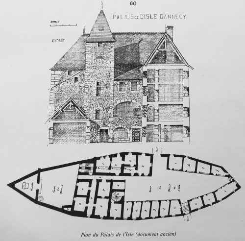 Dessin et plan du palais de l'Isle  Annecy d'aprs les sources